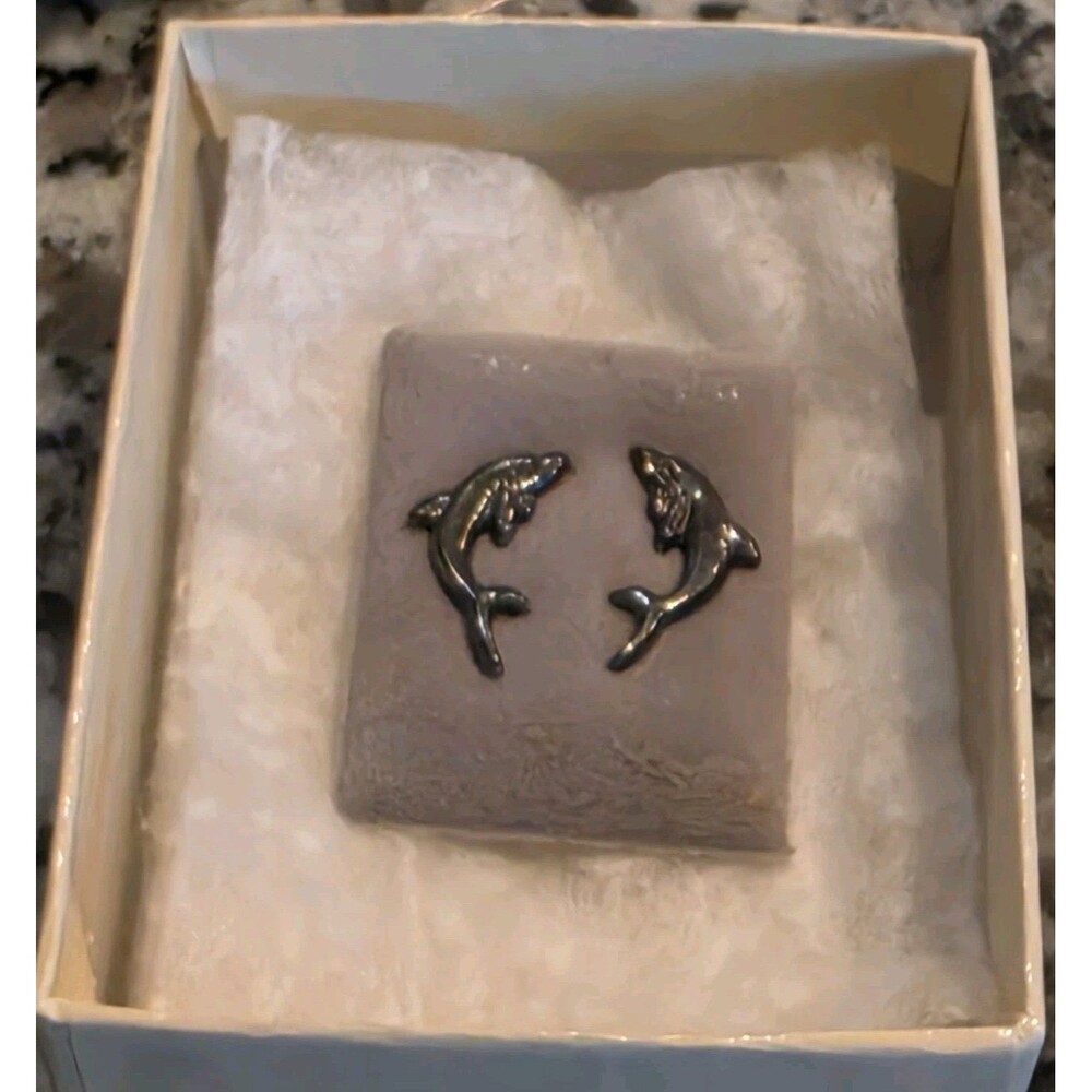 Vintage NIB Sterling Silver 925 Leaping Dolphin Stud Earrings Pair Ocean Life